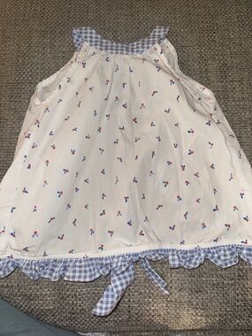 James & Lottie White Sundress Top with Blue Gingham Trim and Cherry Motif Size 5